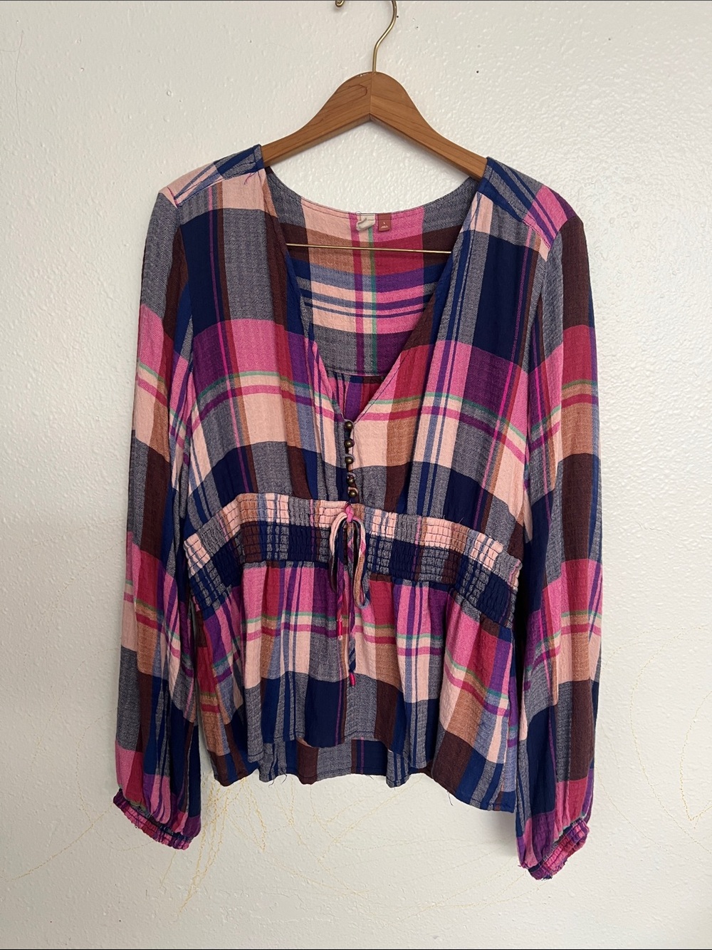 Pilcro Pink, Navy & Brown Plaid Peasant Tunic
